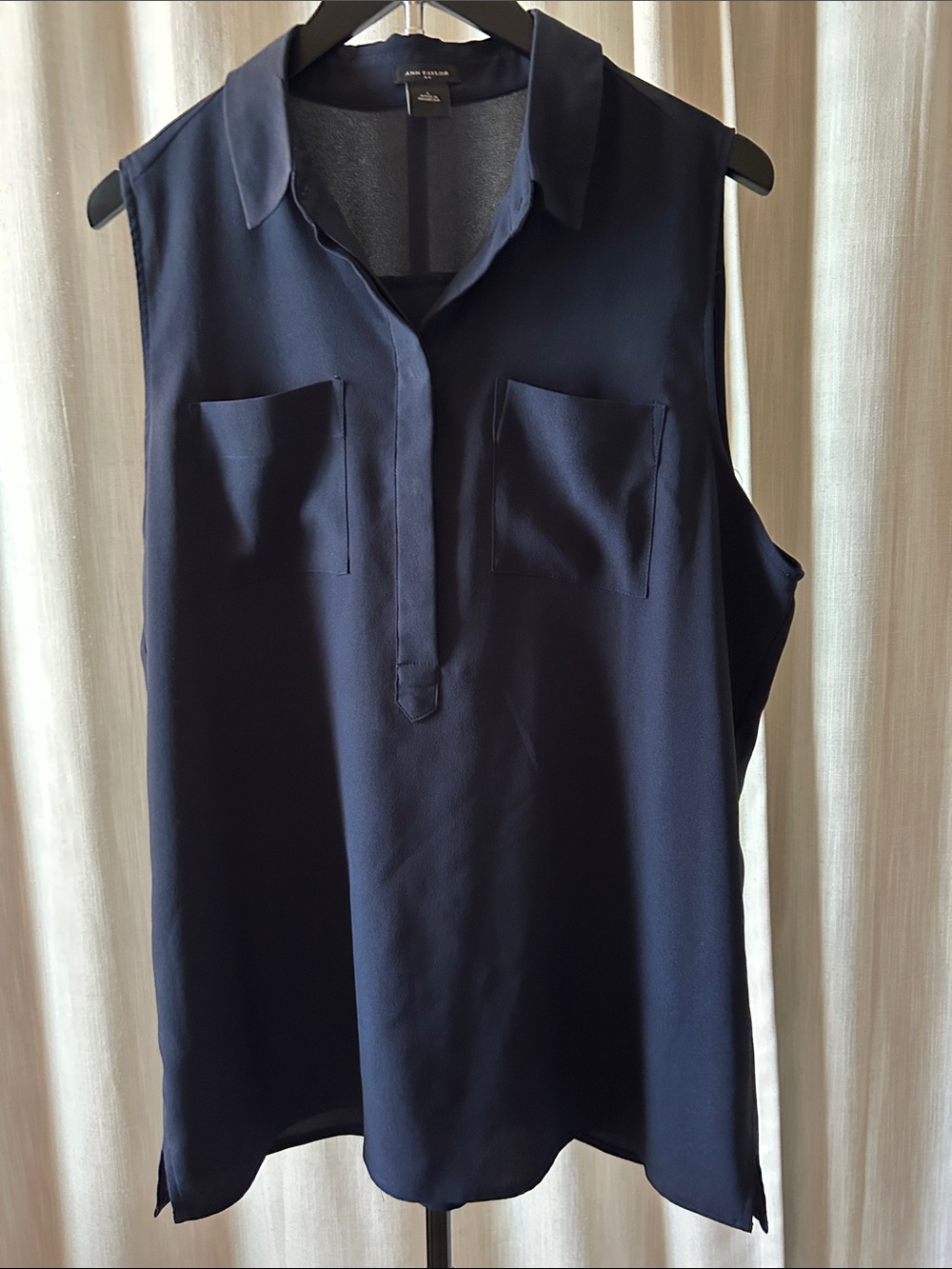 Ann Taylor Navy Collared Sleeveless Blouse with Chest Pockets